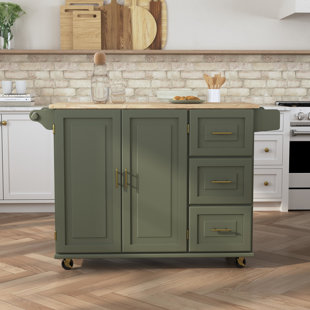 Mint Green Rubber Wood Top 52.2 in. W Kitchen Island on 4-Wheels with Sliding Barn Door and 2-Drawers