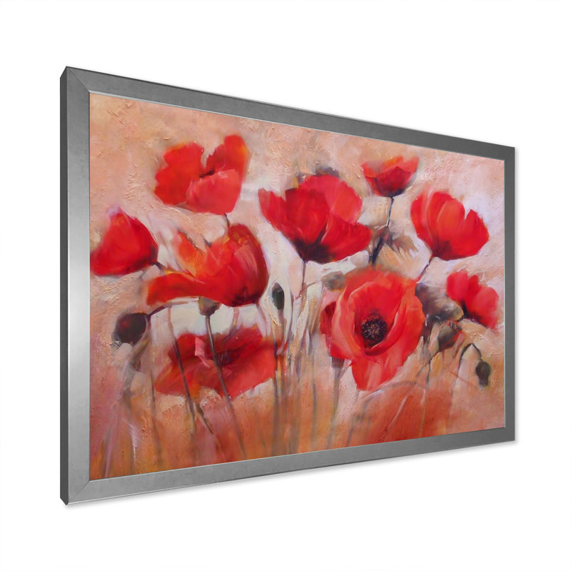 Red Blooming Poppies V - reproduction de cadre flottant sur toile, H 8 po x l 12 po x P 1 po, Cadre photo argenté