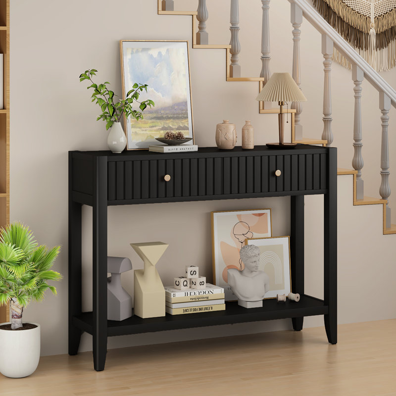Console avec tiroirs, table d'appoint en bois avec table de rangement étroite et tablette de rangement