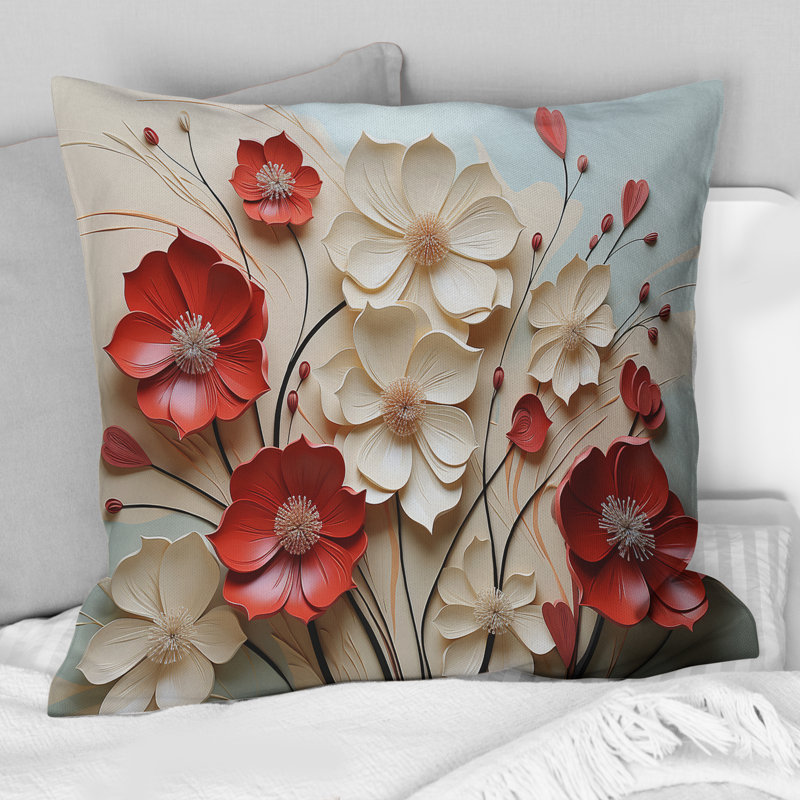 Coussin décoratif rouge et blanc «Crimson Flower S Embrace», 18" x 18"