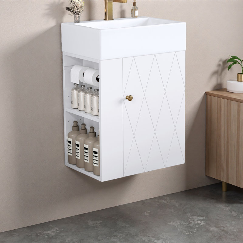 Meuble-lavabo de 20 po avec lavabo en céramique, porte à motif de losanges, poignée dorée et tablettes de rangement latérales