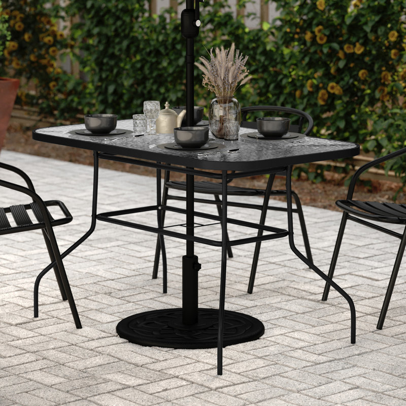 Commercial Grade Patio Table with Tempered Glass Top with Umbrella Hole and Steel Tube Frame, Black