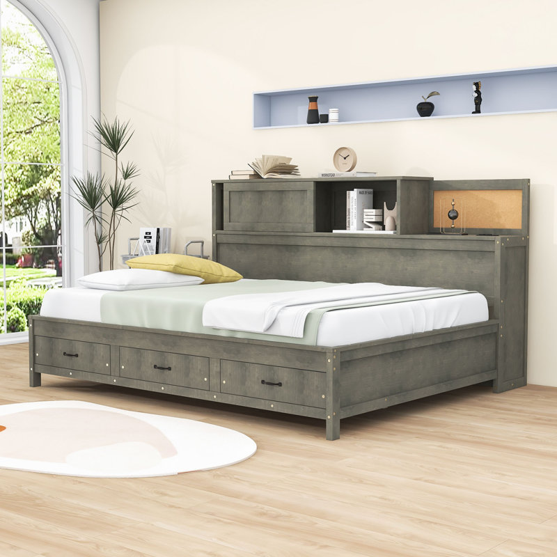 Nikoal Wood Daybed with 3 Drawers and Shelves,USB Ports, Gray, Full / Double