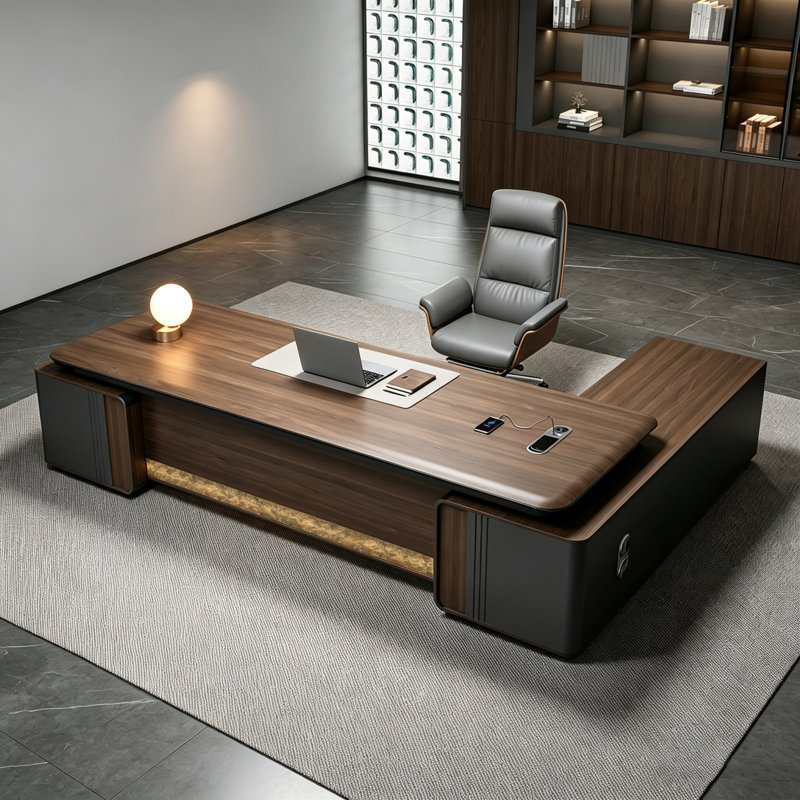 Bureau de direction moderne et luxueux de 110,24 pouces avec plateau en panneaux de particules, armoire latérale et chargeur sans fil
