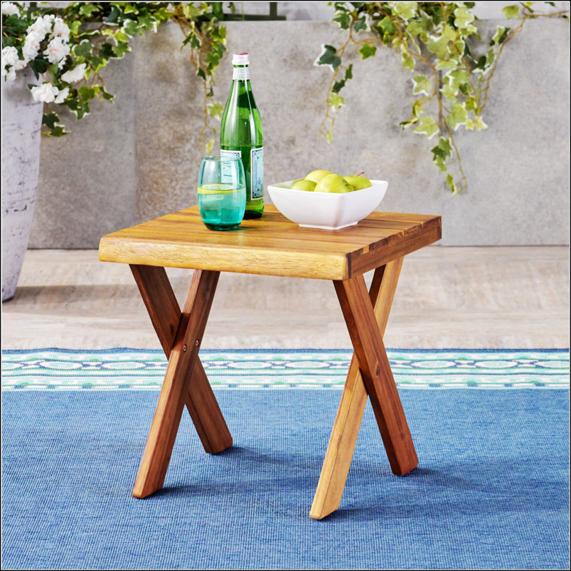 Rustic Sandblast Finished Acacia Wood Side Table With Classic Cross Base For Outdoor Use