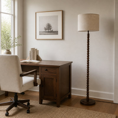 Lampe sur pied en bois pour le salon avec abat-jour tambour en tissu, noyer