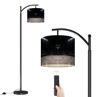 Lampe sur pied à arc avec abat-jour réglable noir et blanc, terrain de basketball vide, projecteur sur pied, lampe sur pied, 3 températures de couleur, intensité variable, grand mât avec interrupteur au pied pour la chambre à coucher
