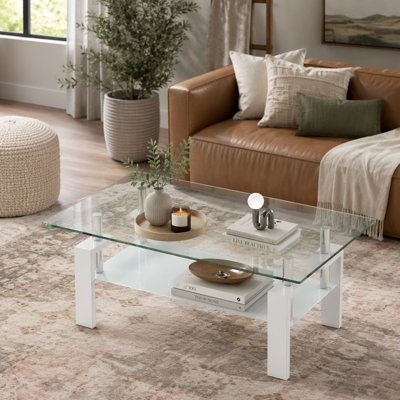 Table basse de salon en verre trempé transparent à 2 couches avec pieds blancs 100 x 55 x 45