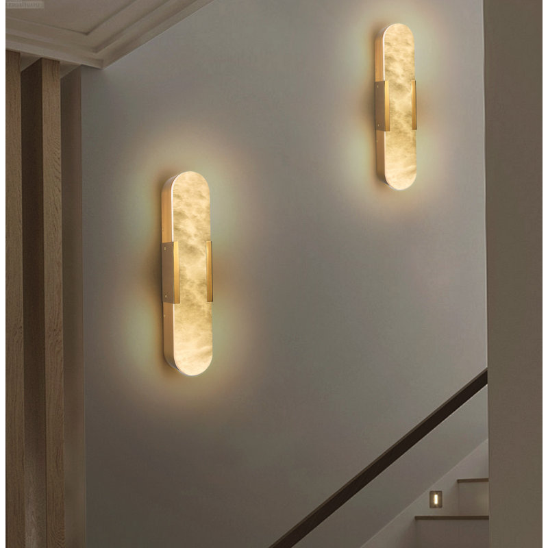 Ensemble de 2 appliques murales à DEL intégrées modernes en albâtre naturel et cuivre, L, Cuivre