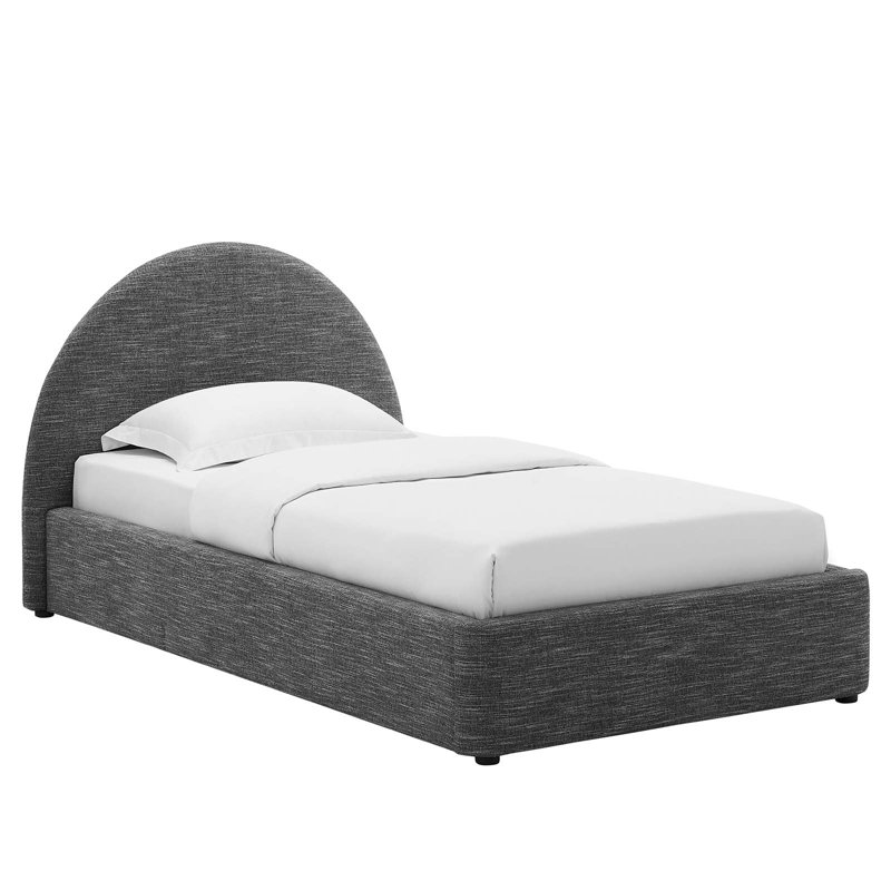 Heathered Slate Twin Upholstered Velvet Platform Bed with Arched Headboard