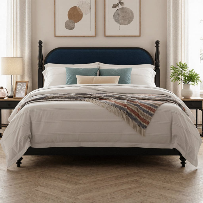 King Size Black Wood Platform Bed with Velvet Upholstered Headboard, Solid Wood Frame, Modern Turned Post Design, 600 lb Capacity, Slat Support, No Box Spring Needed