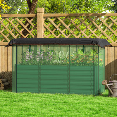 Galvanized Steel Planter Box With Crop Cage And Shade Cloth, Raised Garden Bed For Flowers, Veggies And Herbs, Green