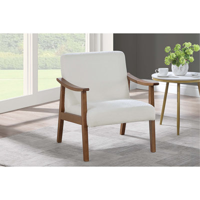 Chaise d'appoint contemporaine et contemporaine en blanc, revêtement en laine, structure en bois et sangles de soutien en tissu blanc avec dossier incliné, siège rembourré, cadre à profil bas et coins confortables