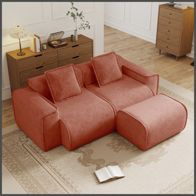 Canapé modulaire en L à 2 places avec passepoil à bordure française, sans assemblage requis, canapé à 2 places avec coussins décoratifs et 1 repose-pieds mobile, tissu de velours rouge