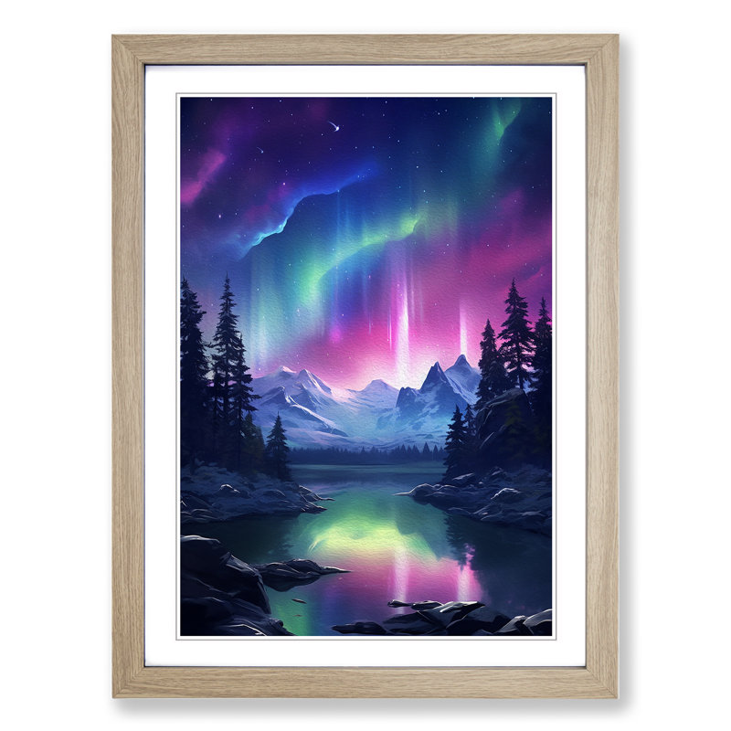 Northern Lights Realism - Single Picture Frame Print on Wood, 34cm H x 25cm W x 2cm D, Oak