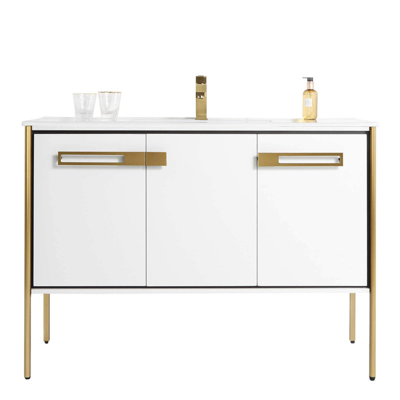 48" Single Bathroom Vanity, Satin Brass, White Matte