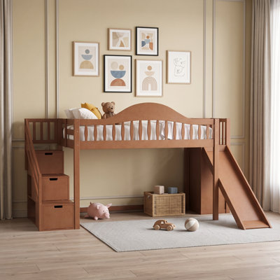 Lit mezzanine en bois avec escalier de rangement, glissade et garde-robe intégrée