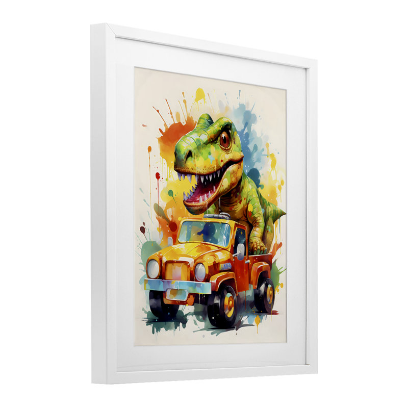 «Riding In Back Dino Car», reproduction d'art sous verre encadrée par Creative Studio, H 16 po x l 13 po, Cadre blanc côtier