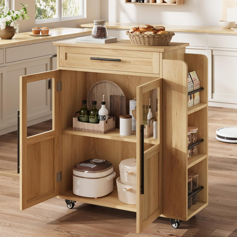 Small Kitchen Island on Wheels, Mobile Cart with 360° Rolling Wheels, Drawers and Spice Rack for Kitchen and Dining Room