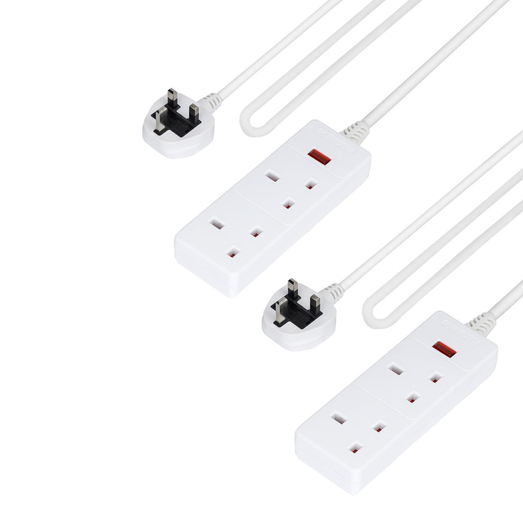 GEEPAS 2 Gang Extension Lead, 2M Cable | 2-Way Plug Extension Cable with Neon Indicator Light | Wall Mountable & Multi Socket Mains Strip for Home Bed