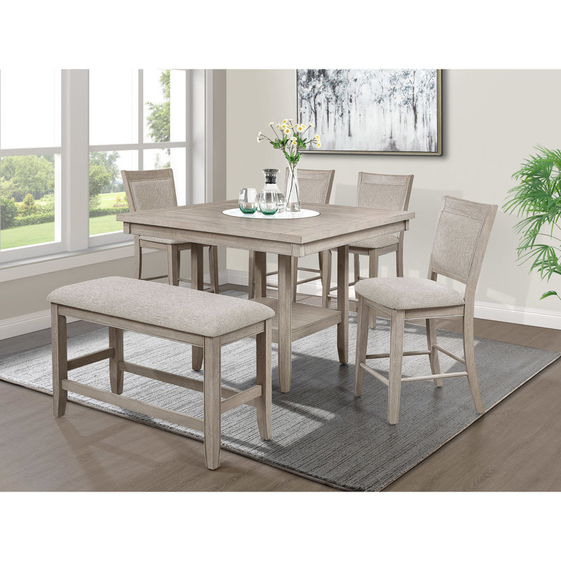 Rectangular Counter Height Bench With Grey Upholstery And Footrest, Strong Wood Frame For Dining Room In Beige Gray, Upholstered Area