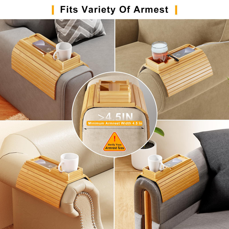Plateau en bambou pour accoudoirs de canapé, plateau pour accoudoirs de canapé avec porte-gobelet détachable, table de rangement pour fauteuil pliable 2 en 1