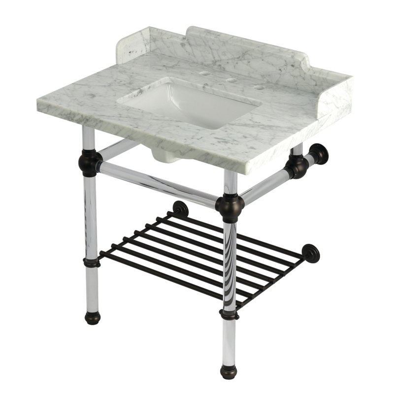 Kingston Brass Pemberton 30-Inch Carrara Marble Console Sink with Acrylic Legs and Shelf (8-Inch, 3-Hole), Oil Rubbed Bronze