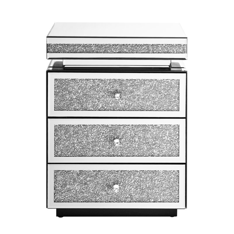 Table de chevet moderne à 3 tiroirs avec miroir et incrustations de cristal, table de bout moderne, l 13,8 po x L 17,7 po H 23,6 po