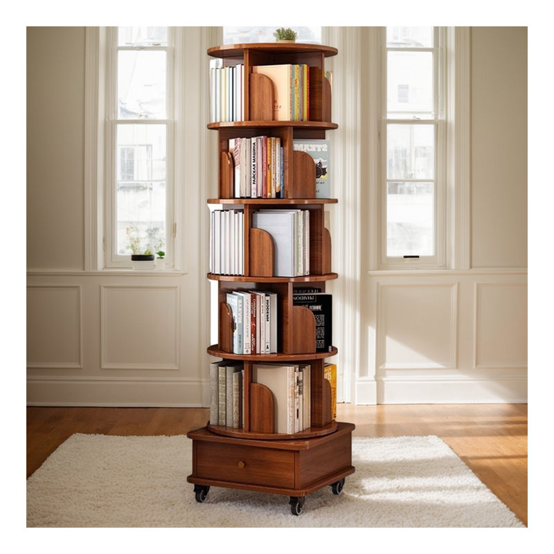Rotating Bookshelf, 360 Display Corner Bookshelf for Small Space, 6 Tier Bookcase Storage Rack with Wheels, Wood Narrow Organizer for Bedroom, Living Room, Study Room, Walnut Brown,Shelves,Bookcase