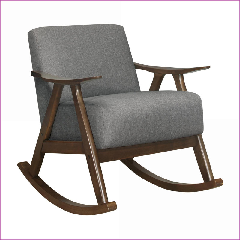 Chaise berçante recouverte de tissu gris moderne | Structure en bois d'hévéa massif | Finition noyer foncé, Gris