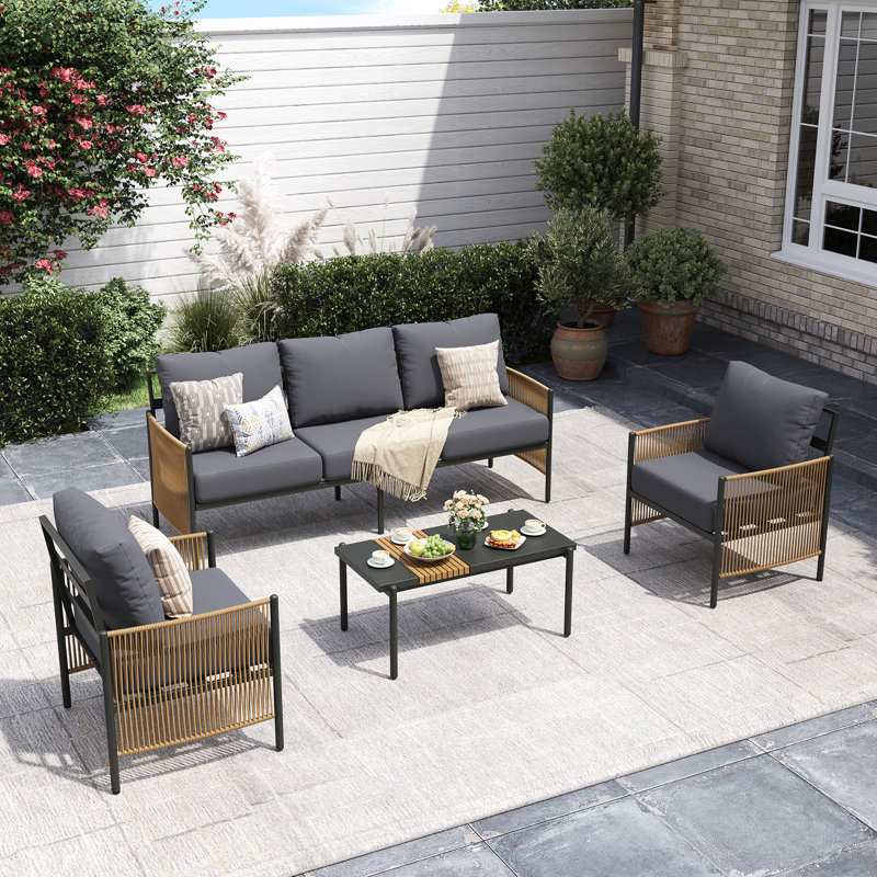 Outdoor Patio Furniture Set, 4 Piece Patio Conversation Sets with Coffee Table, HDPE Rope & Aluminum Armrests, Outdoor Conversation Sets with Thick Cushions for Deck, Backyard, Graphite Grey