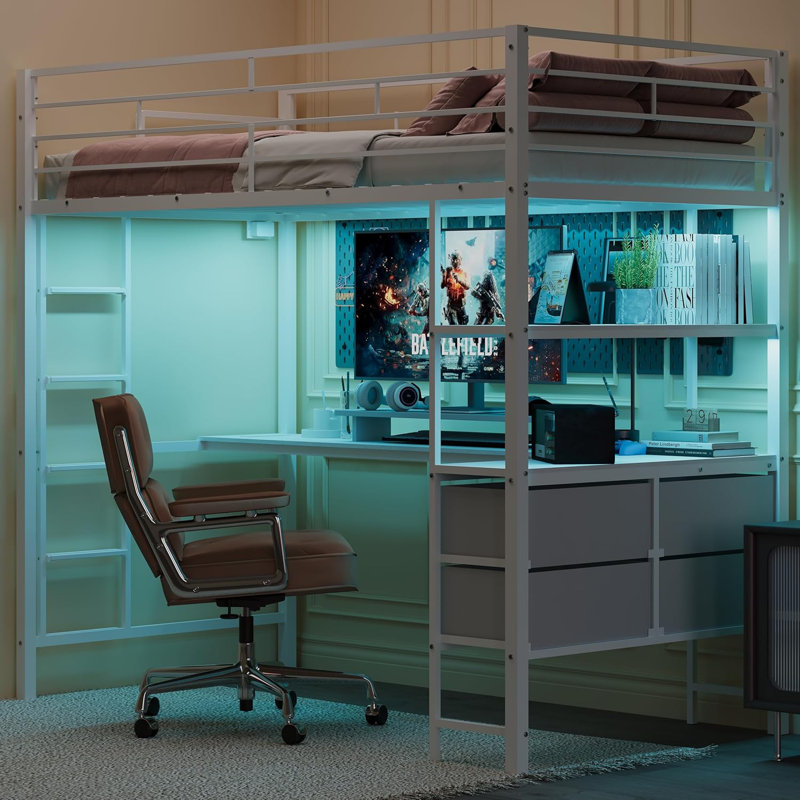 White Full Metal Loft Bed Frame With L-Shaped Desk, 2 Charging Stations, Storage Shelves, 4 Drawers, LED Lights, White