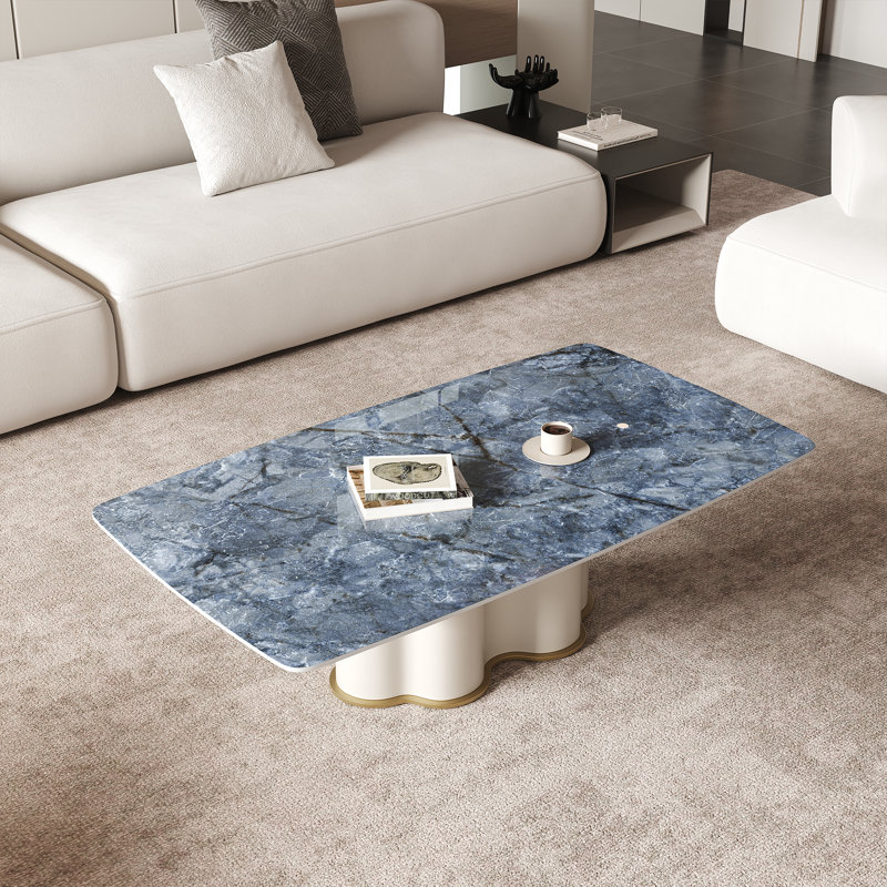 Table basse 51 po en faux marbre bleu, table basse rectangulaire avec base en acier inoxydable
