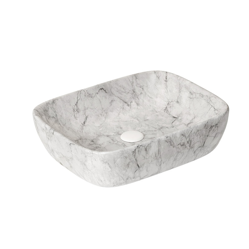 Bathroom Sink 19 Inch Oval Vessel Sink with Volakas Marble Look, Modern Countertop Bowl Sink for Vanity, White