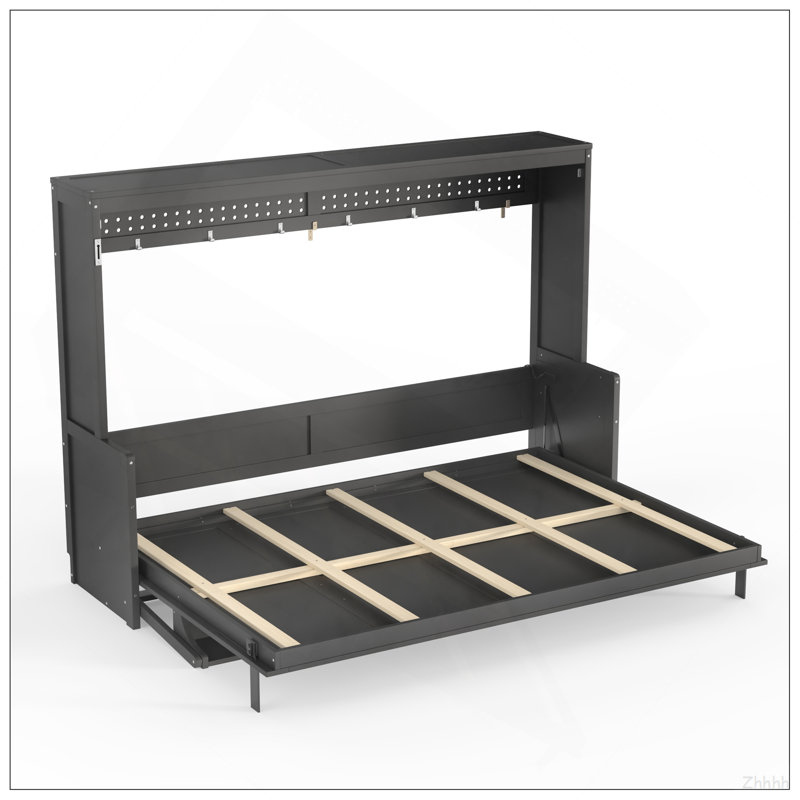 Grand lit escamotable avec bureau, station de charge USB, lumières DEL, gris foncé