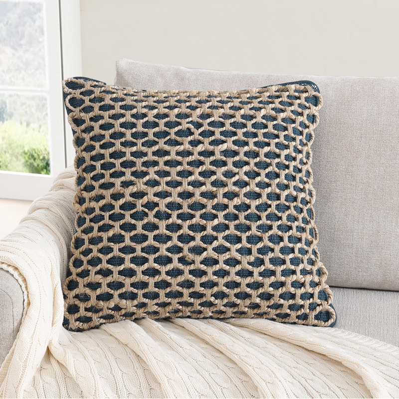 Ablo Textured Cotton Throw Pillow, Indigo/Natural, Square 20"