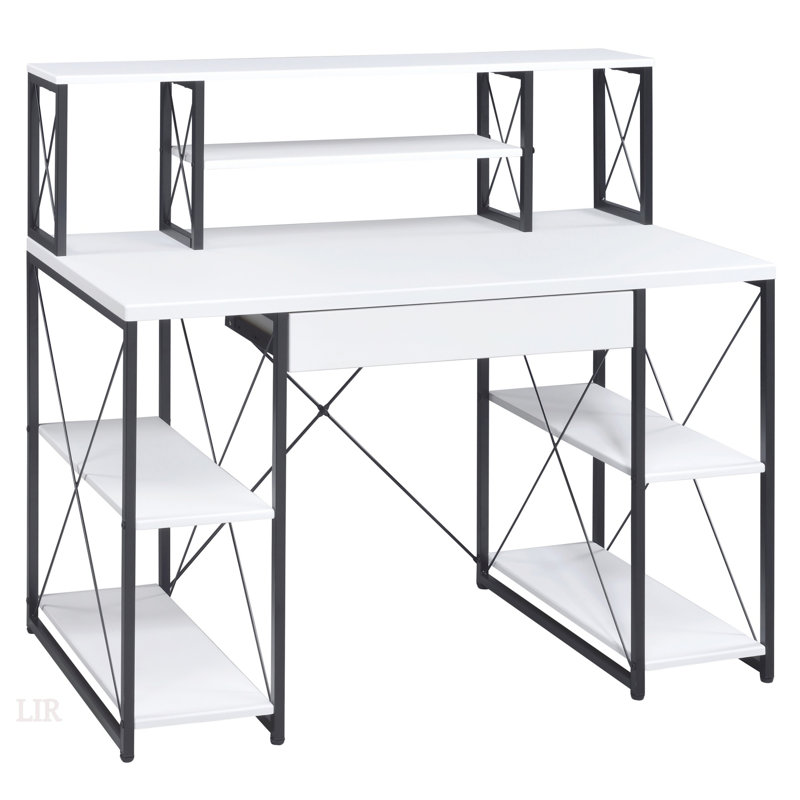 Bureau blanc et noir avec tablettes ouvertes et huche, beaucoup de rangement pour les espaces de travail modernes, Blanc