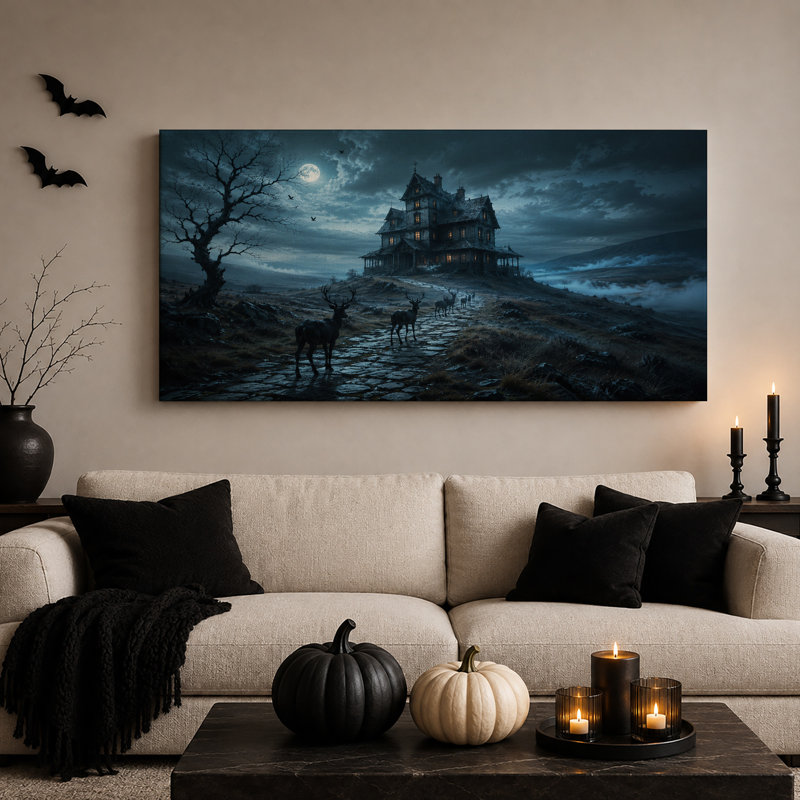 Manoir gothique au clair de lune et cerfs sur un chemin de pierre - Toile murale d'Halloween, L 40 po x H 20 po