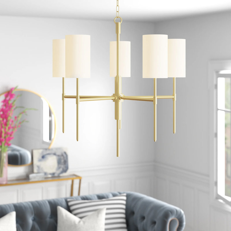 Lustre traditionnel à 5 lumières avec abat-jours, Laiton vieilli