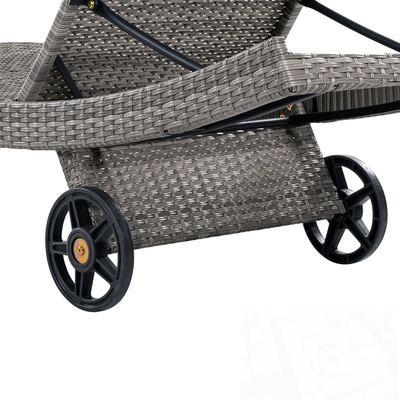 Patio Wicker Chaise Lounge Chairs Set of 2 with Wheels and Side Table, Gray