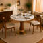 Table de salle à manger de 33,5 po avec pieds en pierre frittée et en bois d'hévéa, piédestal de designer en bois d'hévéa avec décorations en osier tressé à la main et base en acier inoxydable pour la cuisine, les appartements et les bistro-242051159