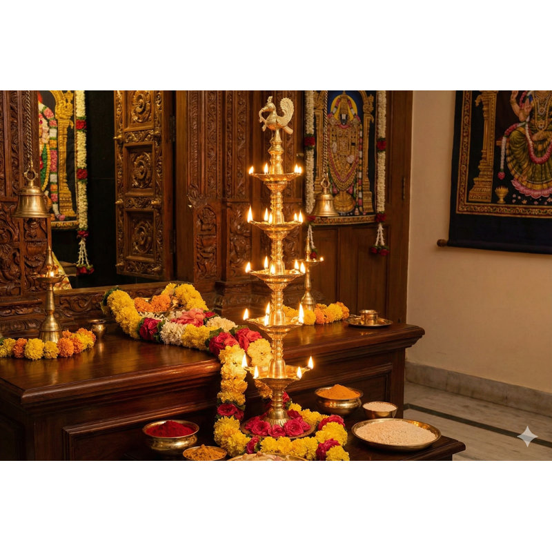50-Inch Large Brass Peacock Floor Lamp, 5-Tier Traditional Indian Oil Lamp for Grand Entryway & Living Room