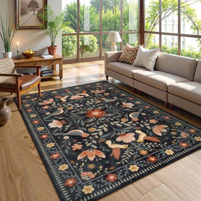Goldene Boho Bird Area Rug Washable Rugs for Living Room, Large Floral Bedroom Carpet Low-Pile