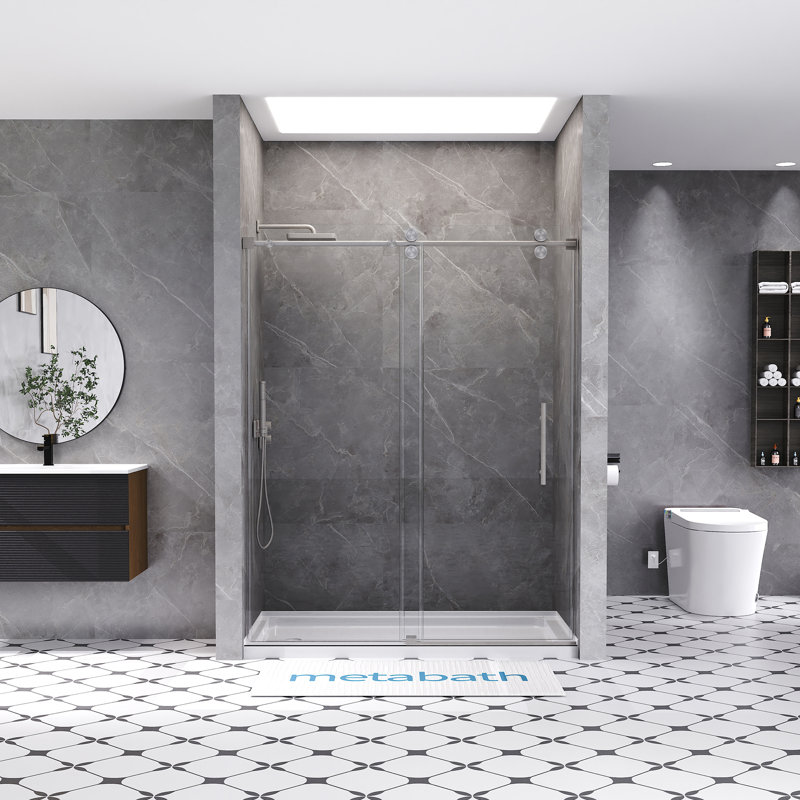 Porte de douche coulissante simple sans cadre de 56 à 60 po x H 76 po avec verre trempé transparent de 3/8 po (10 mm), Nickel