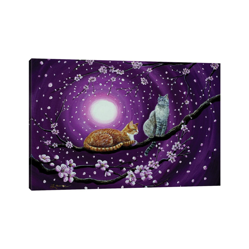 Cats In Dancing Cherry Blossoms 1 Piece Wrapped Canvas Wall Art, 20.32 cm H x 30.48 cm W