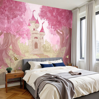 Peel and Stick Wallpaper 96" W x 69" H Modern Self Adhesive Wall Mural for Bedroom Fantasy landscape magic fairy tale princess castle