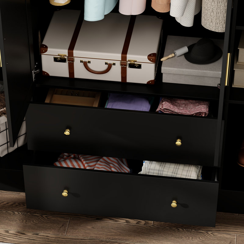 Armoire 4 portes 2 tiroirs avec panneau de miroir, Noir