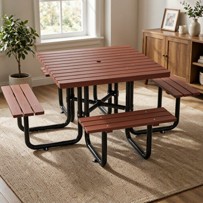Spacious Square Picnic Table Set with Built-in Benches, Solid Wood Top, and Umbrella Hole for Outdoor Gatherings