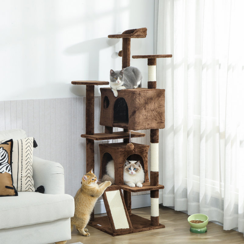 Tour pour arbre à chat 54 po avec poteaux à griffer, condos pour chat, brun clair, Brun, H 63 po x l 19,3 po x P 19,3 po