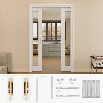 Porte de placard à double porte coulissante avec miroir 48 po x 80 po avec quincaillerie argentée et cadre de porte blanc